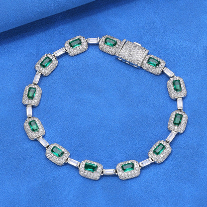Green Rectangular Halo CZ Link Hip Hop Bracelet with Copper Base - CHA310