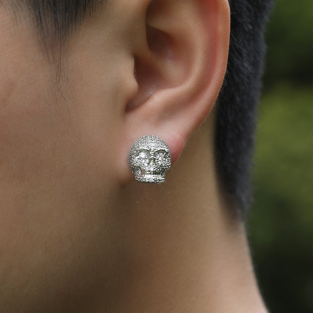 Unisex Skull Stud Earrings with Cubic Zirconia - Hip Hop Statement Earrings in Gold or Silver Tone