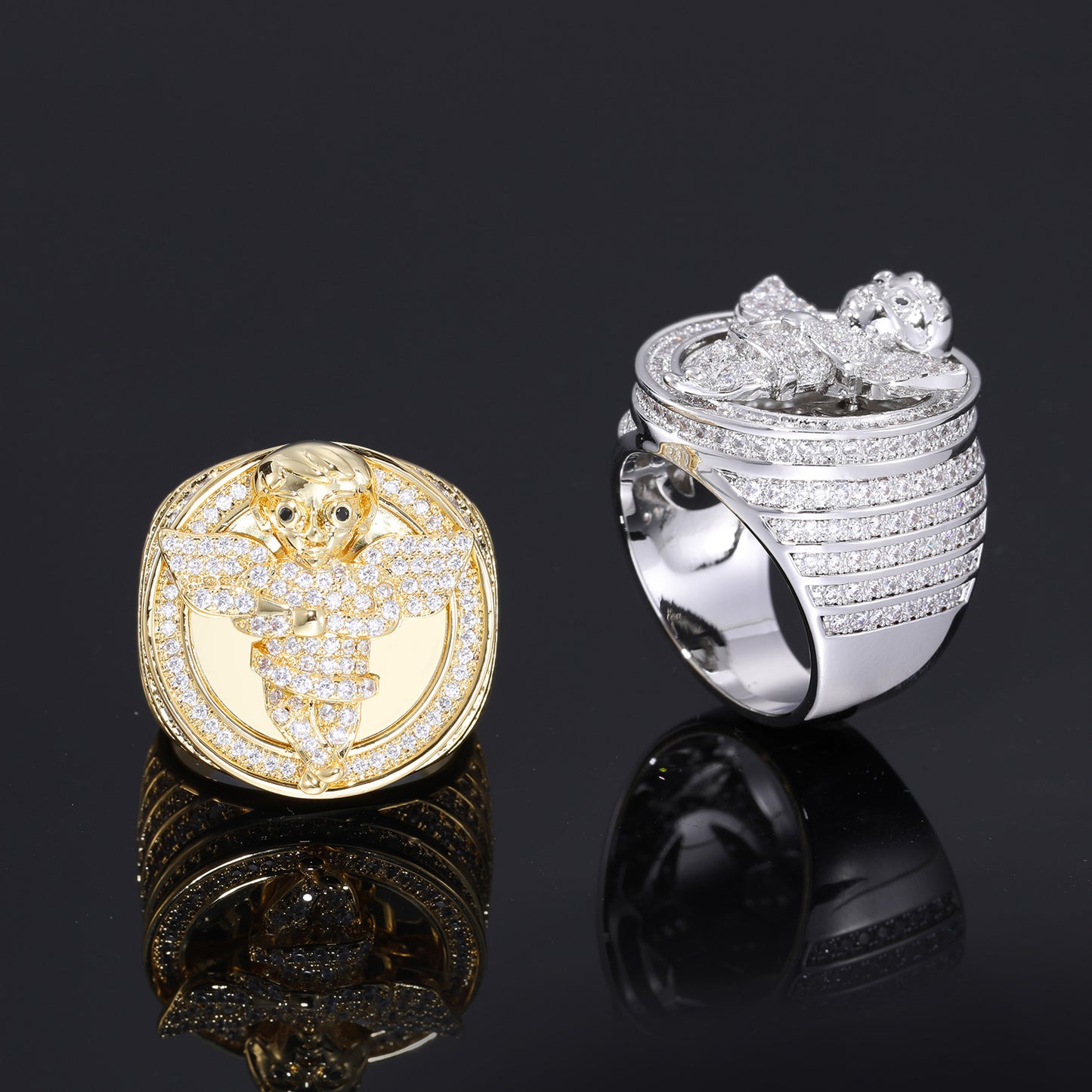 Angel Signet Ring for Men with Zircon Stone Pavé, Hip Hop Geometric Circle Ring, Gold Tone or White Tone, Sizes 7 8 9 10 product image