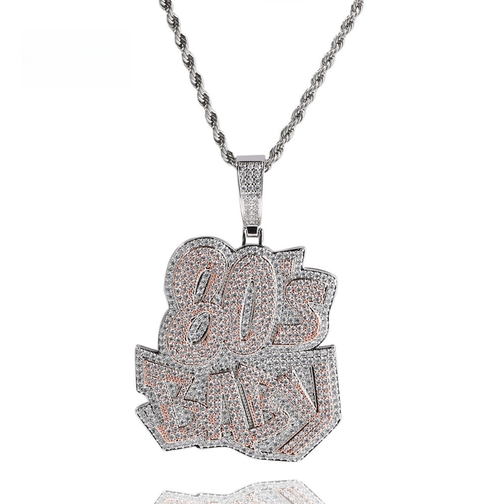 Iced Out English Letter Pendant Necklace for Men - Hip Hop Statement Chain in Silver Tone or Rose Silver Tone, 24 Inch Rope Chain