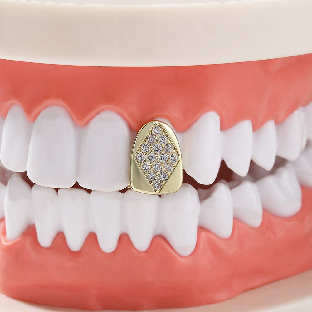 Hip Hop Iced Tooth Cap for Women and Men, Gold Tone or Silver Tone Copper Grillz Charm Statement Jewelry