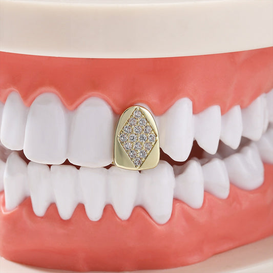 Hip Hop Iced Tooth Cap for Women and Men, Gold Tone or Silver Tone Copper Grillz Charm Statement Jewelry