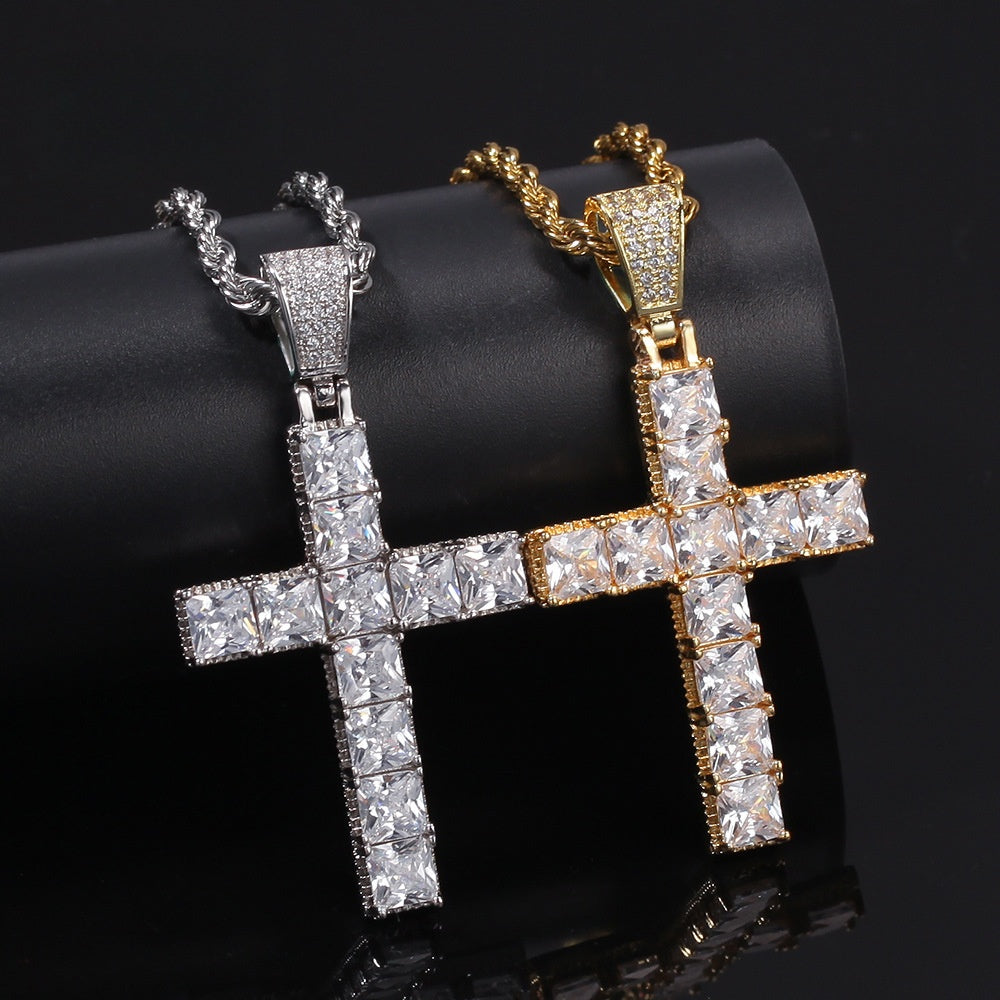 Iced Cross Pendant Necklace with Square Cubic Zirconia - Gold or Silver Tone Stainless Steel Rope Chain or Cuban Chain for Women and Men