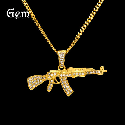 Rhinestone Rifle Pendant Necklace with 3mm Cuban Chain – Gold Plated or Silver Plated Hip Hop Statement Jewelry