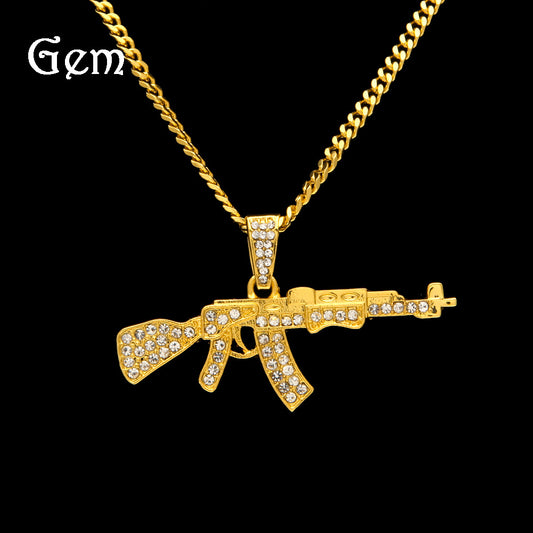 Rhinestone Rifle Pendant Necklace with 3mm Cuban Chain – Gold Plated or Silver Plated Hip Hop Statement Jewelry
