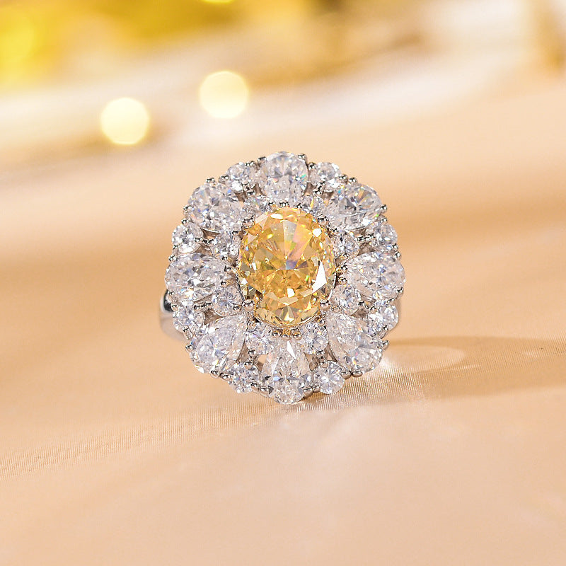 Oval Yellow Center Stone Halo Ring, S925 Silver 18K Gold Plated Ring for Women product image