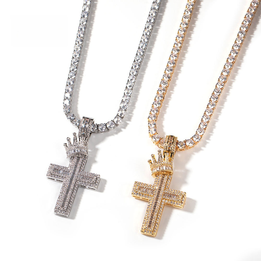 Iced Out Cross Pendant Necklace with Crown Detail for Men & Women - Cubic Zirconia Statement Chain in Gold or Silver product image