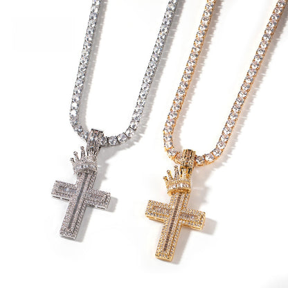 Iced Out Cross Pendant Necklace with Crown Detail for Men & Women - Cubic Zirconia Statement Chain in Gold or Silver