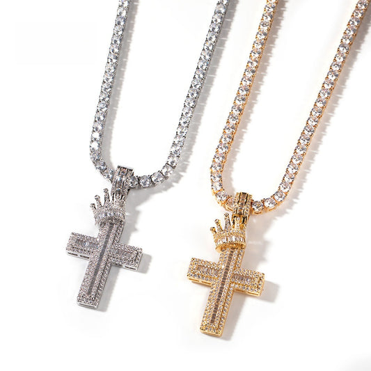 Iced Out Cross Pendant Necklace with Crown Detail for Men & Women - Cubic Zirconia Statement Chain in Gold or Silver