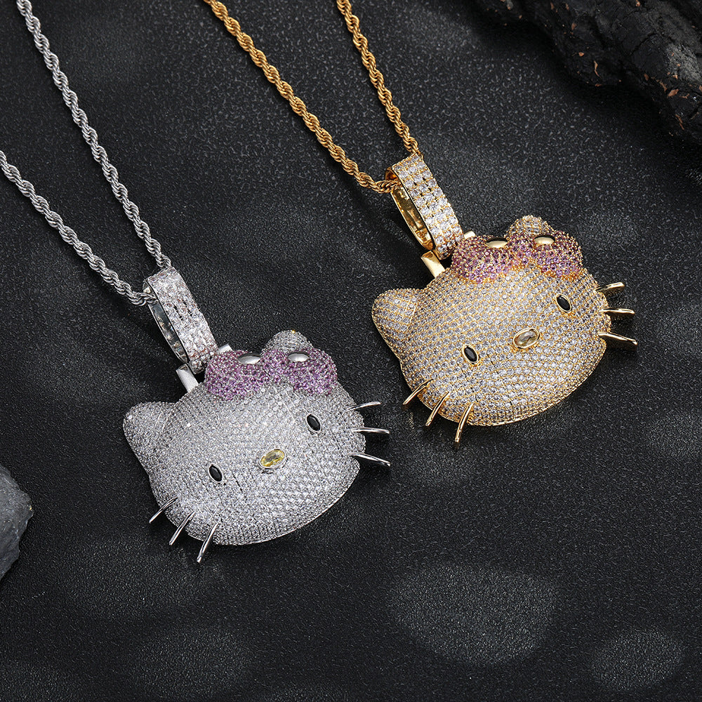 Cartoon Cat Face Rhinestone Pendant Necklace, Twisted Chain, Hip-Hop Style