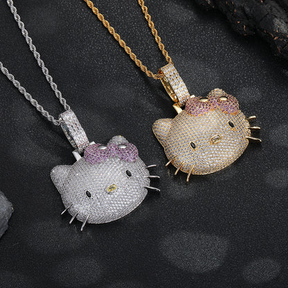 Cartoon Cat Face Rhinestone Pendant Necklace, Twisted Chain, Hip-Hop Style