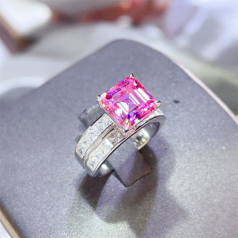 Pink Moissanite Ring with U-Shape Double Band, Square Cut Statement Ring product image