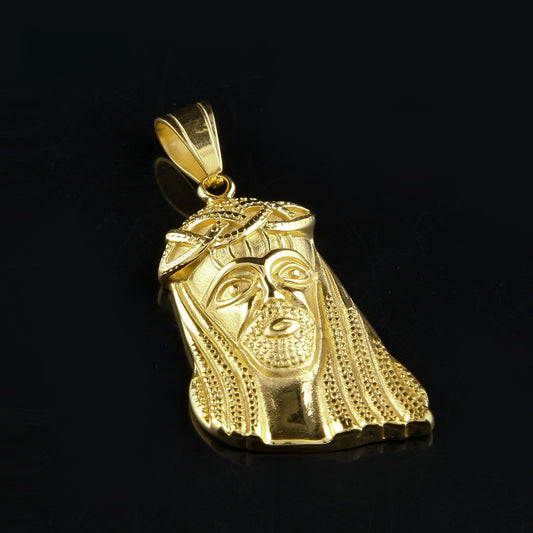 Gold-Tone Stainless Steel Jesus Face Pendant Necklace for Men with 5mm Cuban Chain