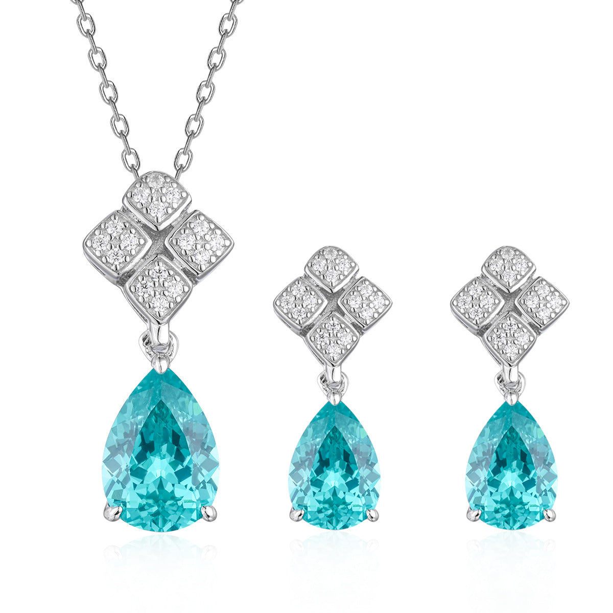 Blue Teardrop Pendant Necklace and Stud Earrings Set, Geometric Sparkle Jewelry product image