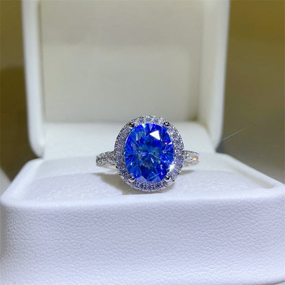 Blue Oval Moissanite Halo Ring for Women, 1 Carat to 5 Carat Engagement Style Ring