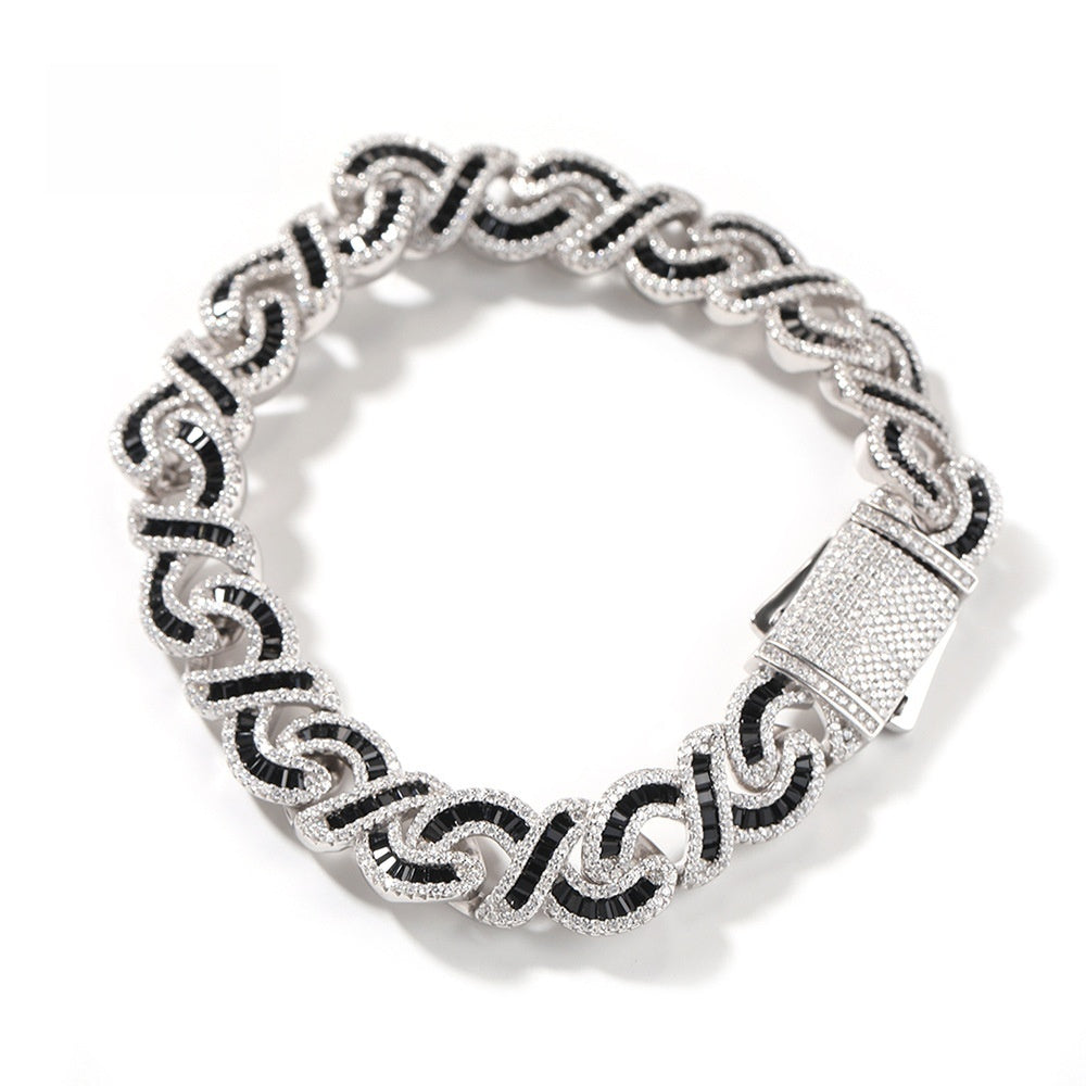 Unisex Cuban Link Cubic Zirconia Chain Bracelet Necklace Set in Silver Black or Silver Pink