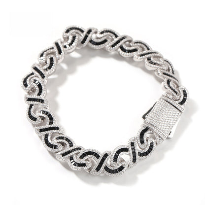Unisex Cuban Link Cubic Zirconia Chain Bracelet Necklace Set in Silver Black or Silver Pink
