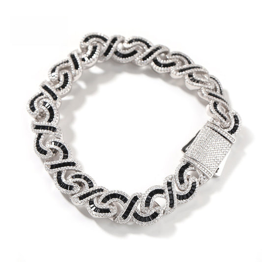 Unisex Cuban Link Cubic Zirconia Chain Bracelet Necklace Set in Silver Black or Silver Pink