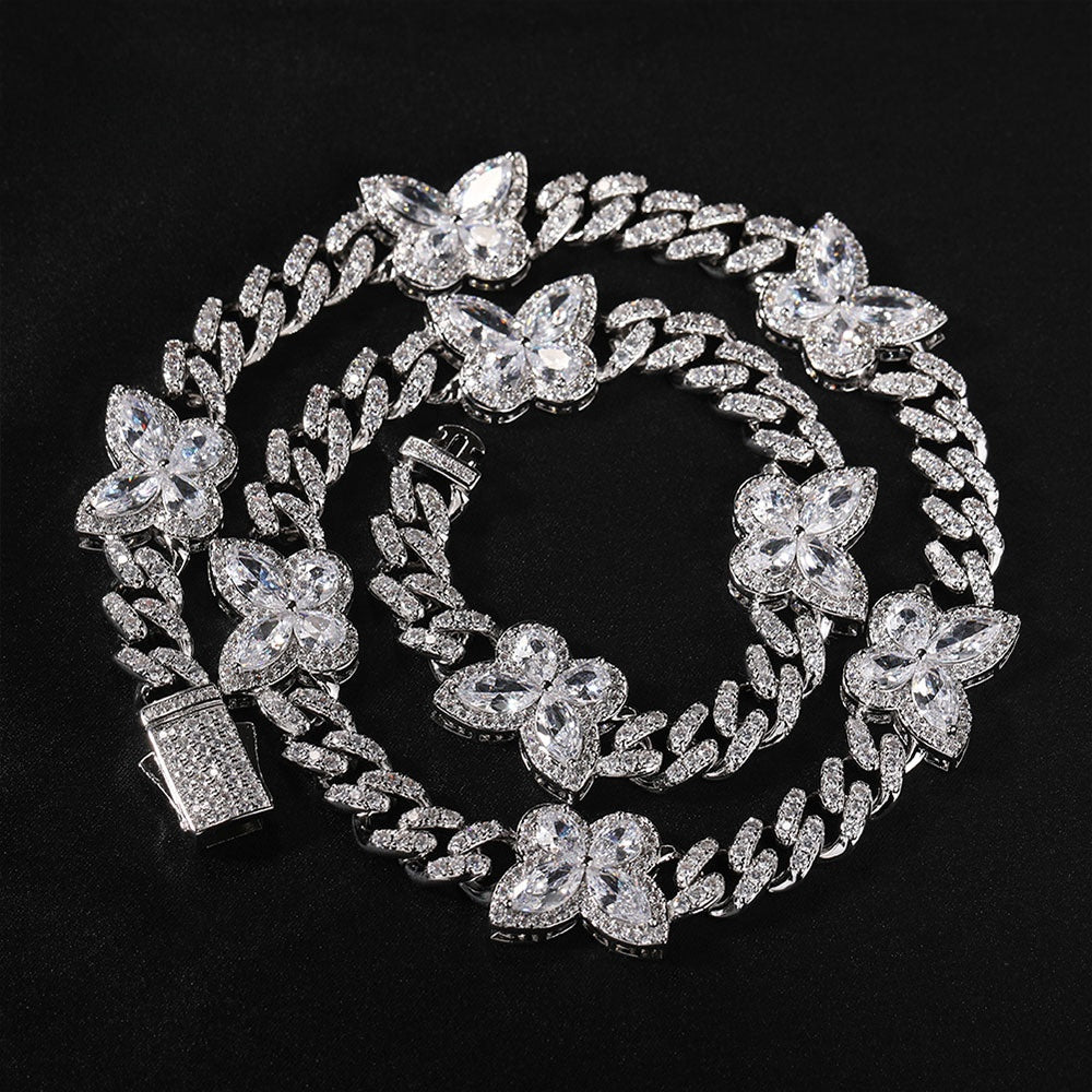 Iced Butterfly Cuban Link Chain Necklace & Bracelet for Women and Men, Gold Plated or Silver Plated Cubic Zirconia Statement Jewelry product image