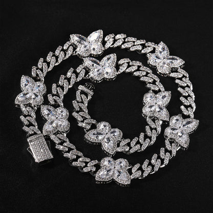Iced Butterfly Cuban Link Chain Necklace & Bracelet for Women and Men, Gold Plated or Silver Plated Cubic Zirconia Statement Jewelry
