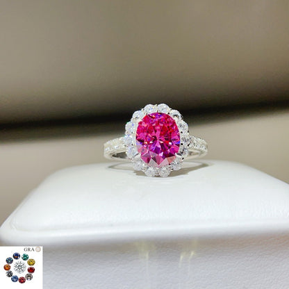 3 Carat Oval Moissanite Halo Ring for Women, S925 Ring, Color Stone Engagement Ring