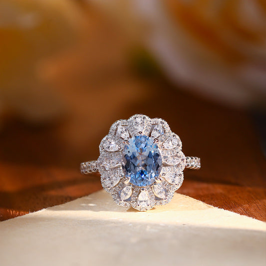 Oval Blue Halo Ring for Women, 925 Silver Floral Promise Ring product image