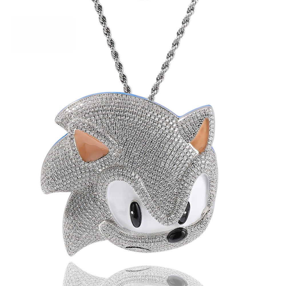 Iced Cartoon Hedgehog Pendant Necklace for Women - Silver Tone Hip Hop Statement Chain with Cubic Zirconia