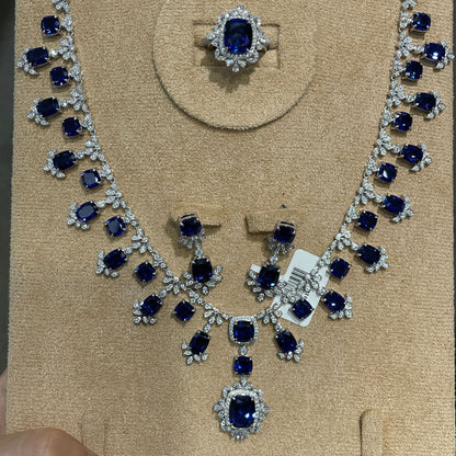 Blue Cushion-Cut Halo Jewelry Set, Ring Necklace Earrings, S925 Silver