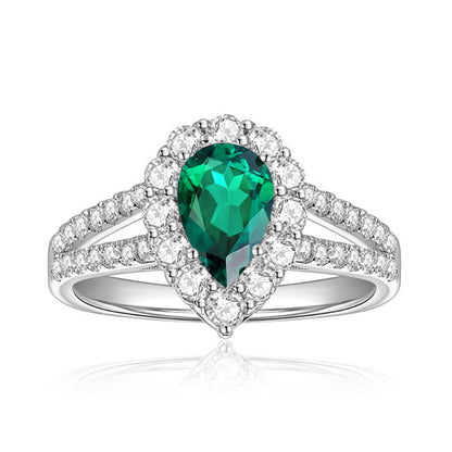 Pear-Shaped Green Halo Ring, Split Shank Engagement Ring for Women