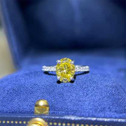 Yellow Oval Moissanite Ring for Women, U-Shaped Pave Band Engagement Ring, 1 Carat or 2 Carat