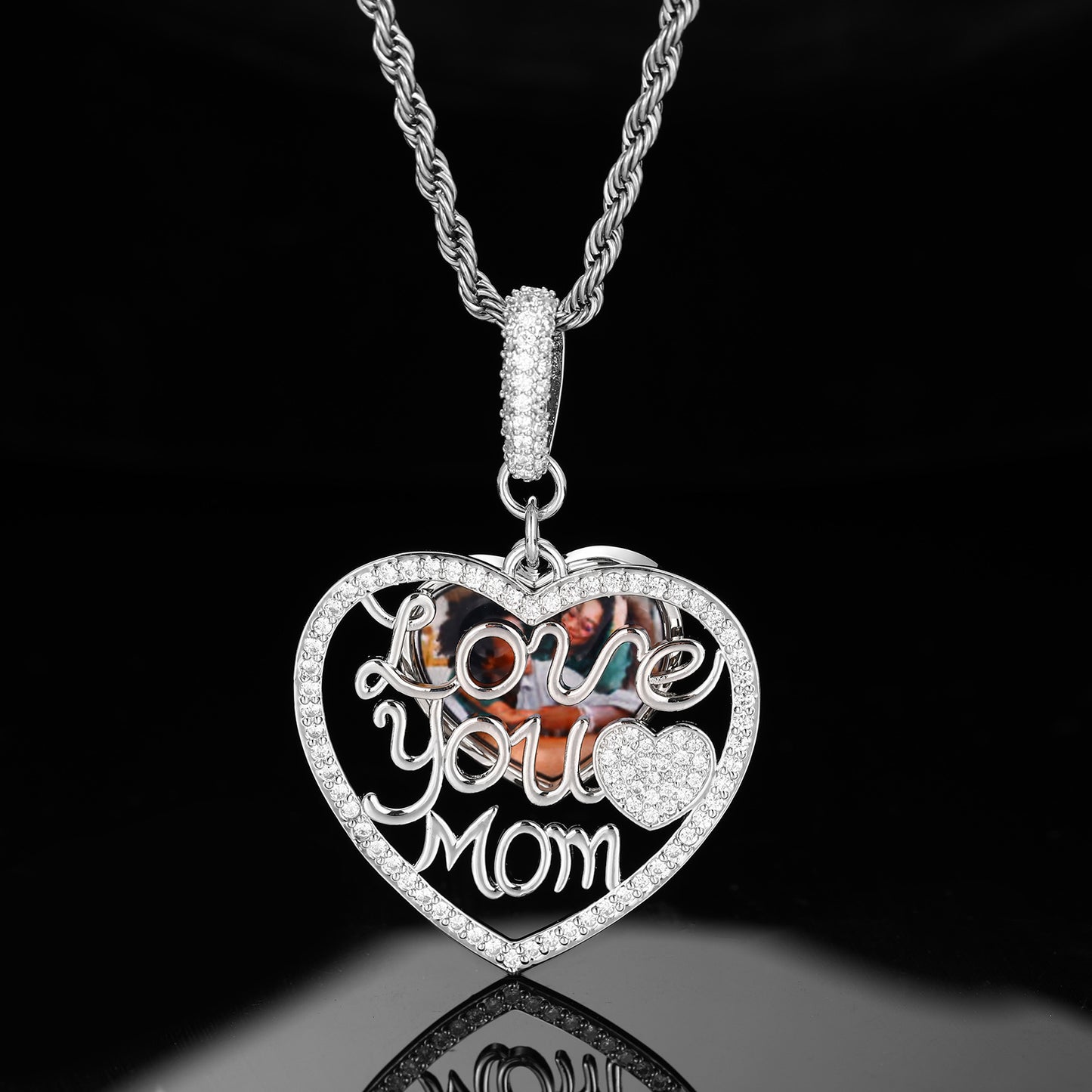 Heart Pendant Necklace for Mom, Iced Out Cubic Zirconia Rope Chain, Hip Hop Love You Mom Necklace, Silver Tone or Golden Tone Copper Jewelry product image
