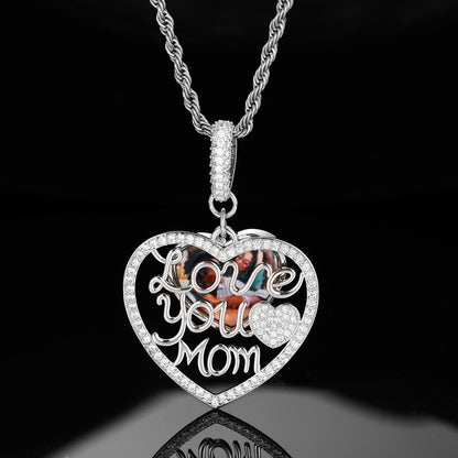 Heart Pendant Necklace for Mom, Iced Out Cubic Zirconia Rope Chain, Hip Hop Love You Mom Necklace, Silver Tone or Golden Tone Copper Jewelry