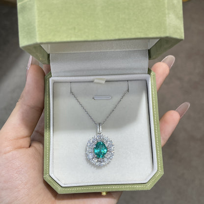 Oval Teal Halo Pendant Necklace, 925 Silver Chain, Elegant Gift Box Jewelry