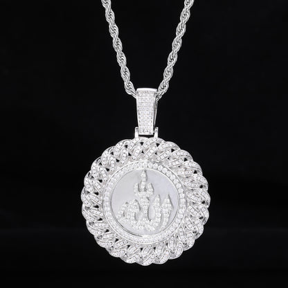 Men’s Arabic Calligraphy Pendant Necklace with Iced Zircon Circle Frame Rope Chain