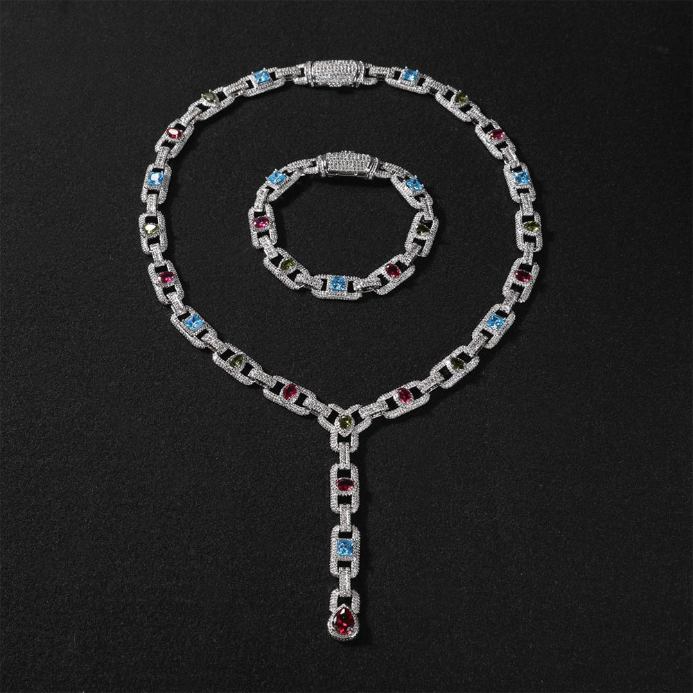 Unisex Geometric Cuban Link Necklace & Bracelet Set with Cubic Zirconia, Gold or Silver Tone Statement Chain Jewelry
