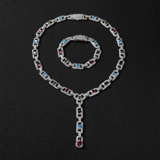 Unisex Geometric Cuban Link Necklace & Bracelet Set with Cubic Zirconia, Gold or Silver Tone Statement Chain Jewelry