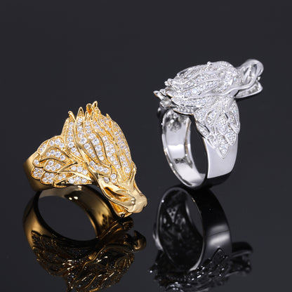 Men's Zircon Dragon Head Ring, Hip Hop Copper Ring, White Tone or Gold Tone, Sizes 7-11