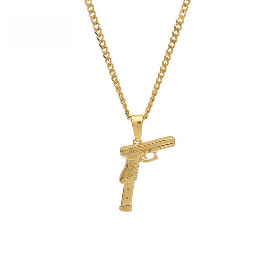 Stainless Steel Pistol Pendant Necklace for Women & Men - Gold Plated or Silver Plated 24 Inch Cuban Chain Statement Jewelry