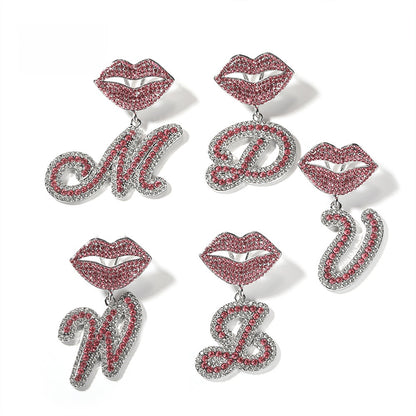 Personalized A-Z Letter Pendant Necklace with Red Crystal Lips Charm - Silver Plated Initial Chain for Women & Men