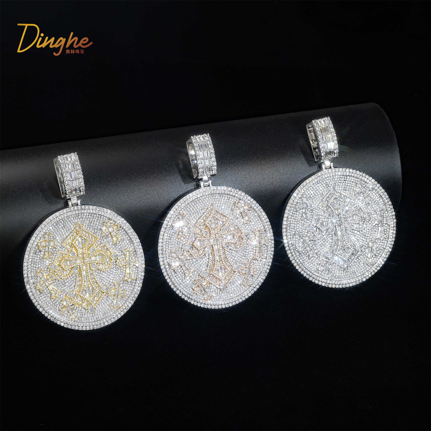 Iced Cross Round Pendant Necklace, 3MM Twisted Chain, Hip Hop Streetwear Jewelry