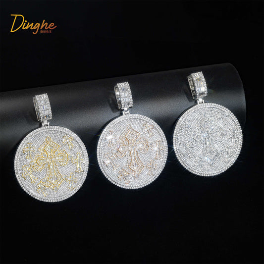 Iced Cross Round Pendant Necklace, 3MM Twisted Chain, Hip Hop Streetwear Jewelry
