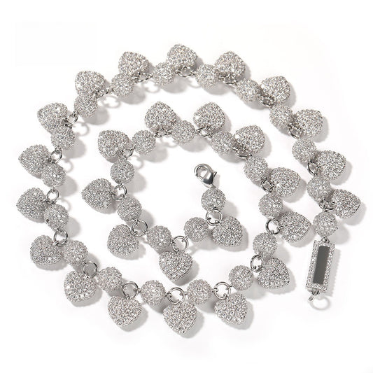 Silver-Tone Iced Out Heart & Round Cubic Zirconia Necklace for Women and Men