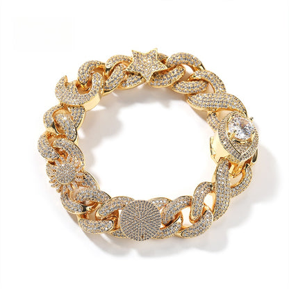 Men’s Iced Out Cuban Link Chain Bracelet or Necklace with Cubic Zirconia Sun Moon Star Eye Charms