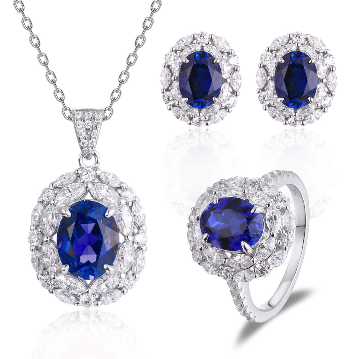 925 Silver Royal Blue Oval Halo Necklace Set with Stud Earrings and Ring product image