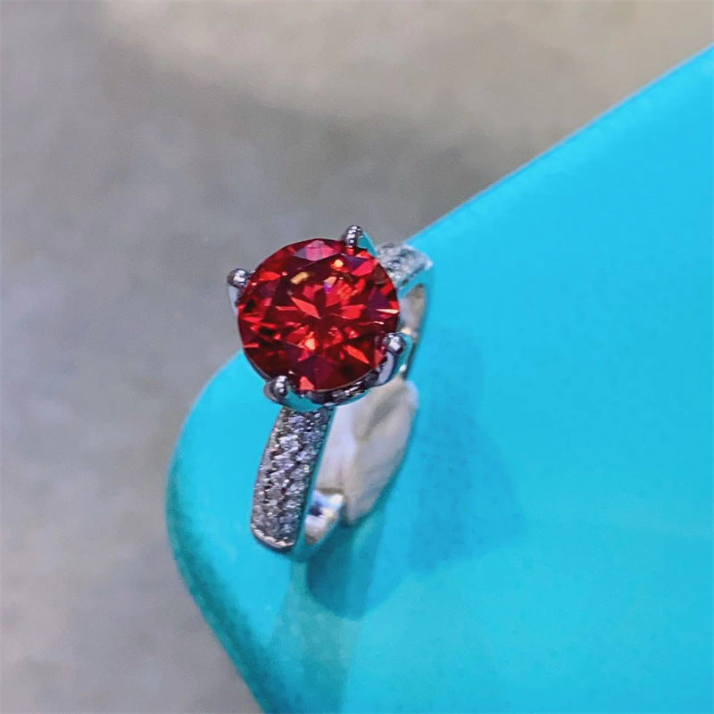 2 Carat Pigeon Blood Red Moissanite Ring with Pavé Band for Women product image