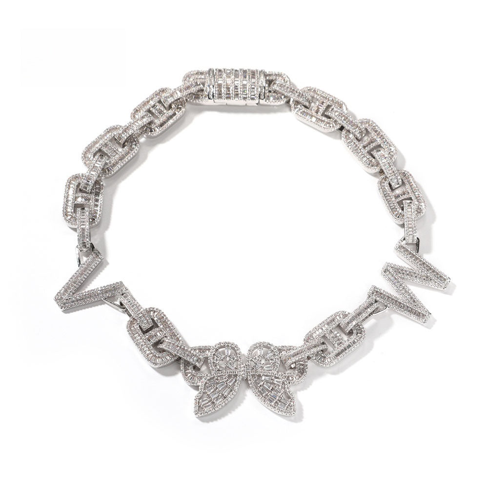 Personalized Iced Butterfly Letter Necklace Silver Plated Chain Pendant for Women and Men product image