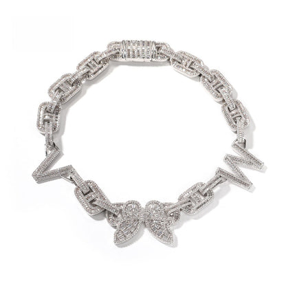Personalized Iced Butterfly Letter Necklace Silver Plated Chain Pendant for Women and Men