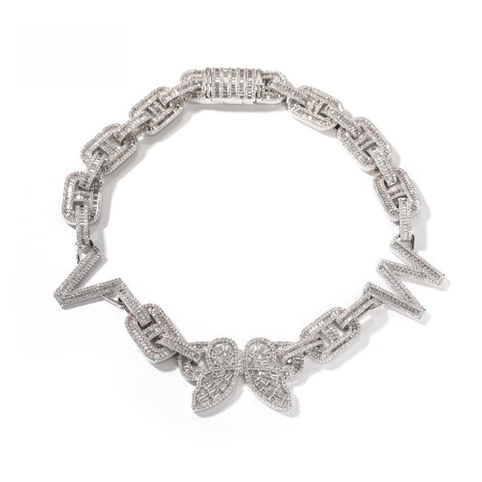 Personalized Iced Butterfly Letter Necklace Silver Plated Chain Pendant for Women and Men
