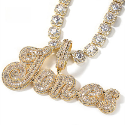 Personalized Bubble Letter Pendant Necklace with Cubic Zirconia Iced Initial Chain for Women