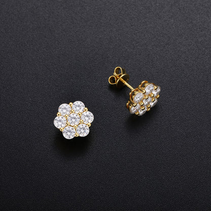 Gold Tone Moissanite Cluster Stud Earrings for Women and Men, Geometric Flower Style Sparkly Everyday Jewelry